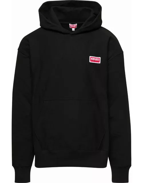 Kenzo Black Hoodie With Logo Print At The Front And Back In Stretch Cotton Man