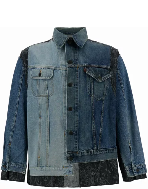 Needles Blue Patchwork Asymmetric Jacket In Cotton Denim Man