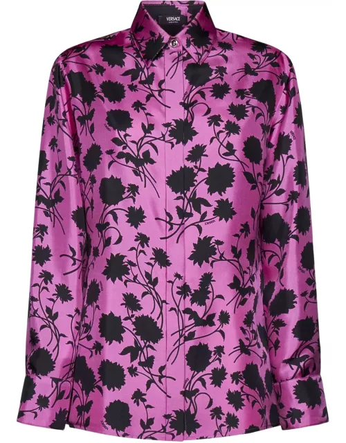 Versace Informal Shirt Floral Silhouette Print Twill Silk Fabric 50%