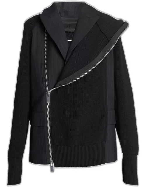Mixed-Media Stripe Blazer with Zip-Up Jacket Overlay