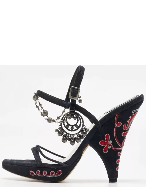 Christian Dior Black Suede Embellished Ankle Strap Sandal