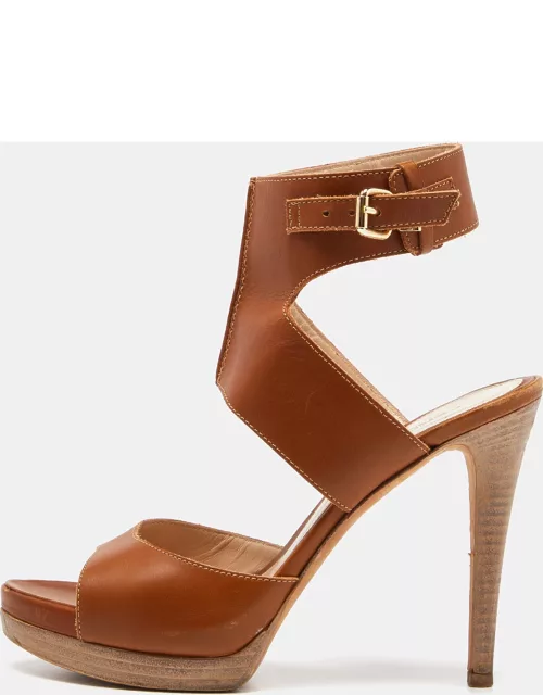 Fendi Brown Leather Ankle Strap Platform Sandal