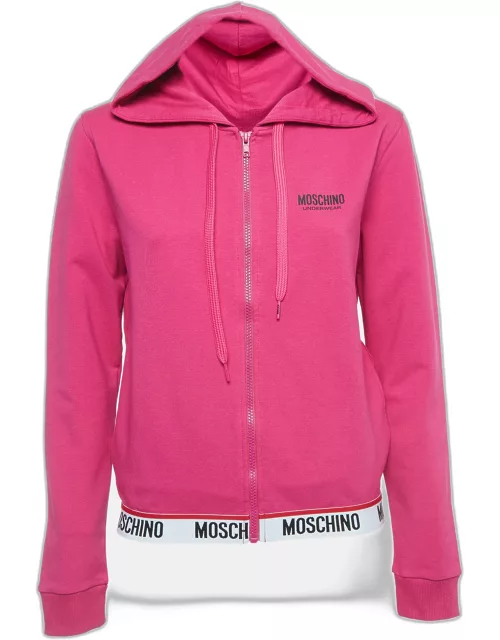 Moschino Pink Logo Print Cotton Zip Front Hooded Jacket