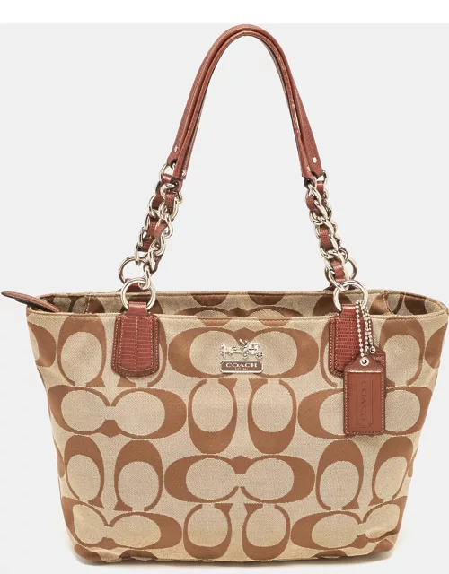 Coach Brown/Beige Signature Canvas and Leather Chain Tote
