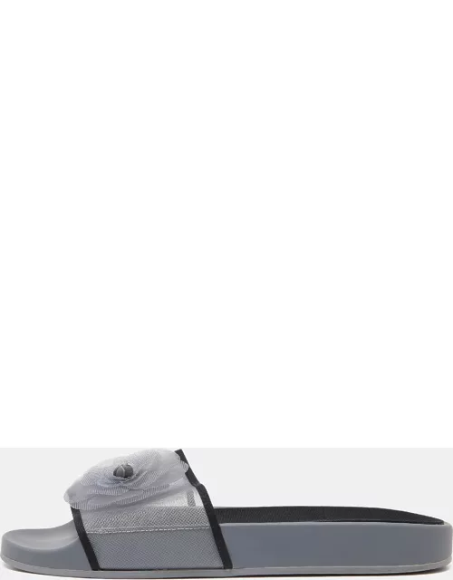 Chanel Grey/Black Mesh Camellia Slide Flat Sandal