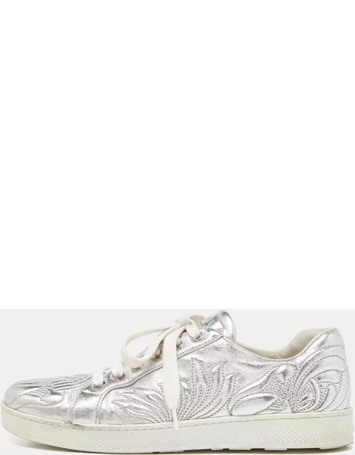 Prada Silver Embroidered Leather Low Top Sneaker