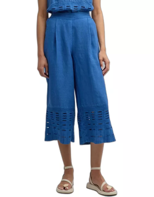 Cropped Wide-Leg Embroidered Linen Pant