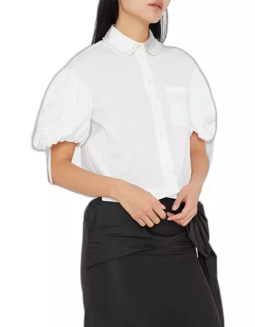 Beaded-Collar Ruched Puff-Sleeve Crop Shirt