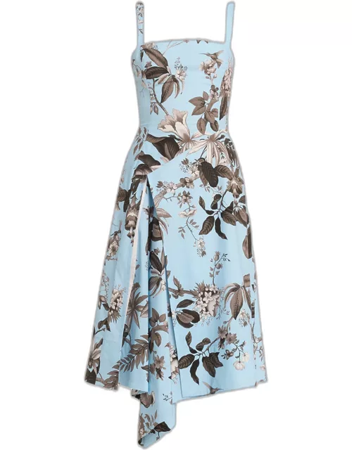 Floral and Fauna Printed Square-Neck Midi Dres