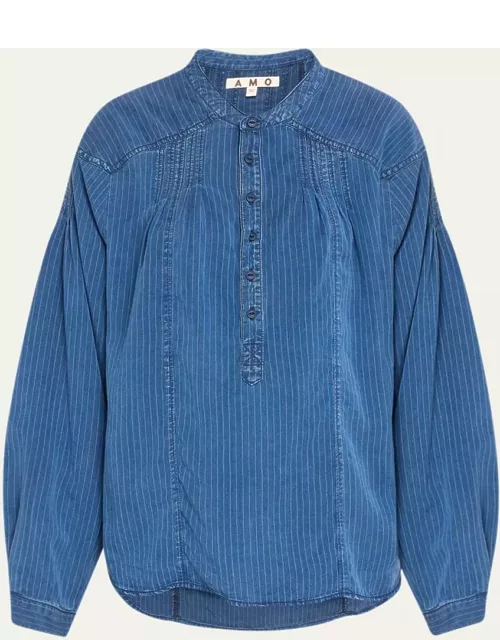 Helena Pleated Button-Front Denim Shirt