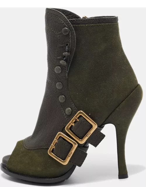 Dior Green Suede and Leather Peep Toe Ankle Boot