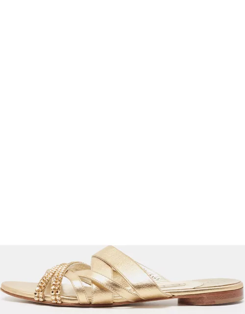 Gina Golden Leather Crystal Embellished Slide Sandal