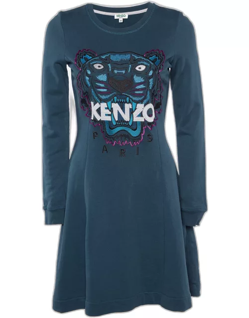 Kenzo Teal Green Tiger Embroidered Cotton Mini Dress