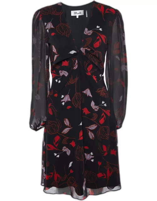 Diane Von Furstenberg Black Floral Print Chiffon Mini Dress