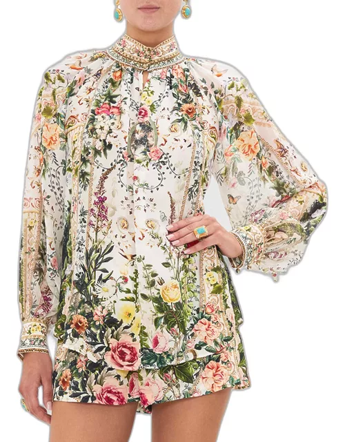 Floral Silk Raglan Button-Front Shirt