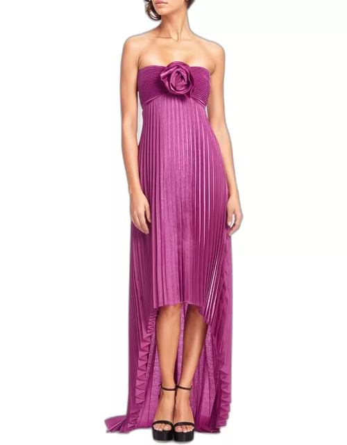 Flower Strapless Empire-Waist Pleated High-Low Dres
