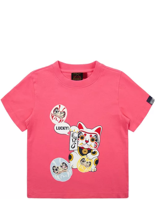 Fortune Cat and Daruma Print T-shirt
