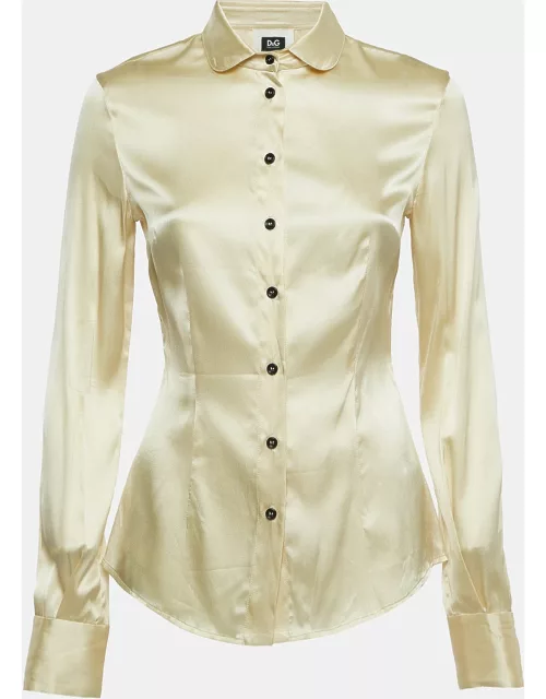D & G Cream Satin Silk Button Front Full Sleeve Shirt