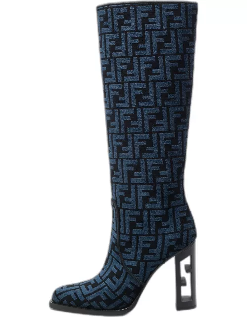 Fendi Blue/Black FF Jacquard Chenille Knee Length Boot