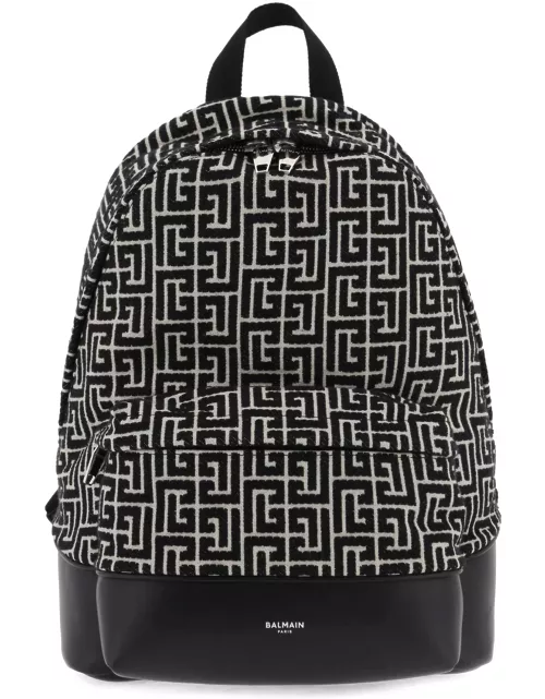 Balmain Backpack In Black And Ivory Jacquard With Maxi Monogra