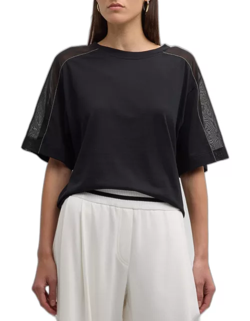 Monili-Trim Crispy Silk Shoulder Short-Sleeve Flat Jersey Top