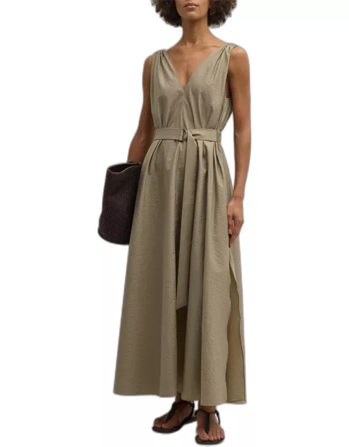 Crinkle Cotton Belted Maxi Dress with Monili Detai
