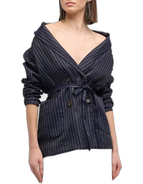 Metallic Pinstripe Cotton Gauze Belted Double-Breasted Blazer Jacket