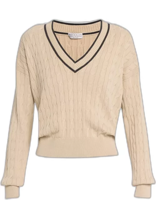 Tennis Cable V-Neck Sweater with Monili Tri