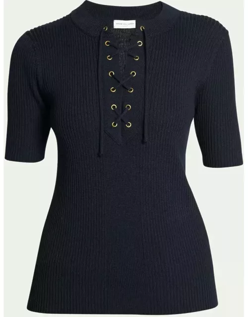 Taru Lace-Up Ribbed Polo Top