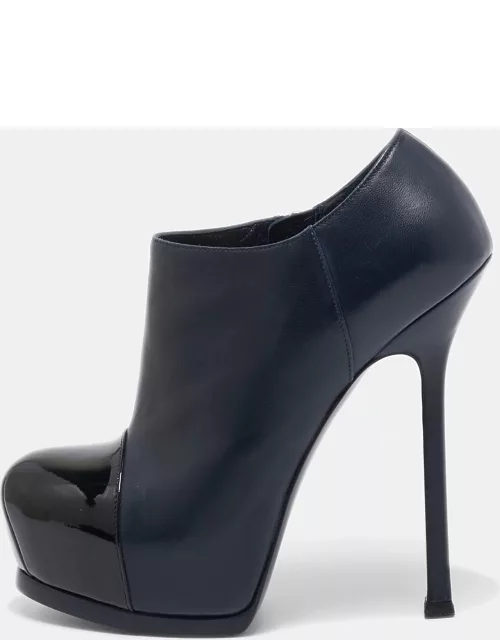 Yves Saint Laurent Navy Blue/Black Leather and Patent Leather Tribute Platform Ankle Boot