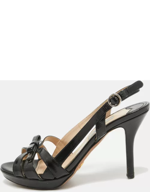 Prada Black Saffiano Patent Leather Bow Slingback Sandal