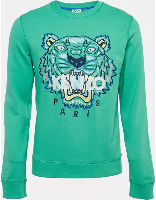 Kenzo Green Tiger Embroidered Cotton Crew Neck Sweatshirt