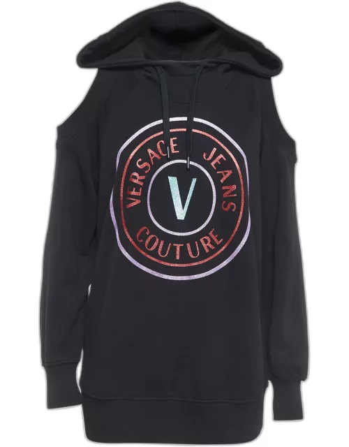 Versace Jeans Couture Black Logo Print Cotton Cold Shoulder Hooded Sweatshirt