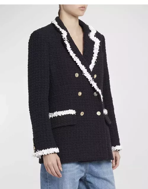 Beaded-Trim Double-Breasted Tweed Blazer Jacket
