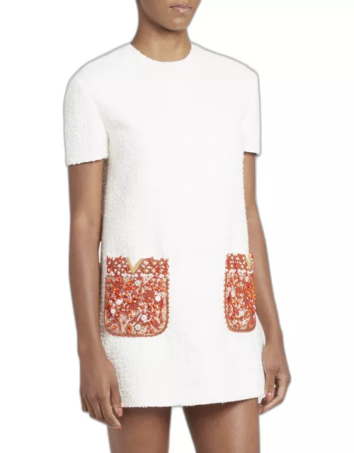 Coral V-Logo Embroidered Pocket Tweed Mini Shift Dres