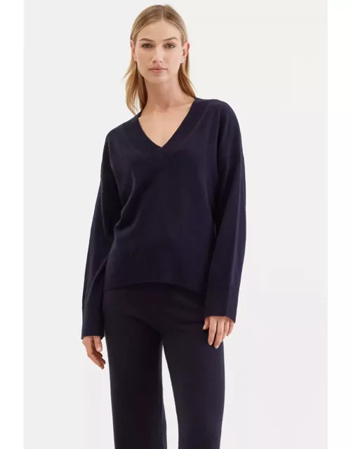Navy Wool-Cashmere V-Neck Sweater