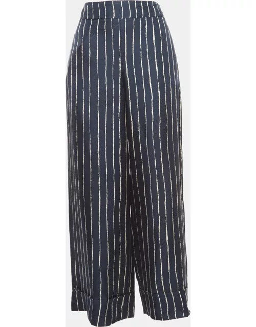 S'Max Mara Navy Blue Striped Silk Wide Leg Trousers