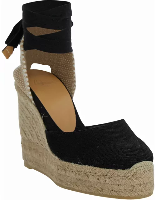 Castañer carina Beige And Black Espadrille Wedge In Cotton And Rafia Woman