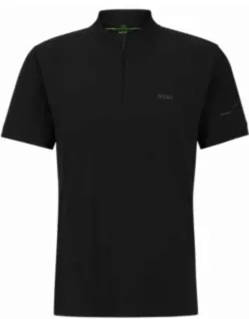 Zip-neck slim-fit polo shirt with decorative reflective print- Black Men's Polo Shirt