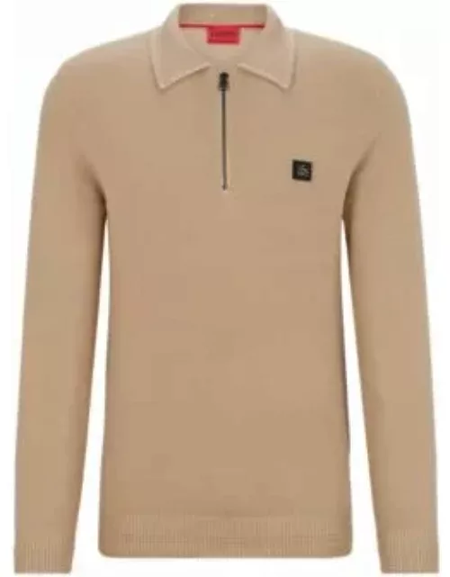 Zip-neck polo sweater with stacked-logo badge- Beige Men's Sweater
