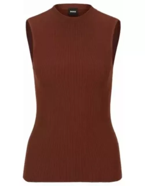 Sleeveless mock-neck top with ribbed structure- Brown Women's Business Top