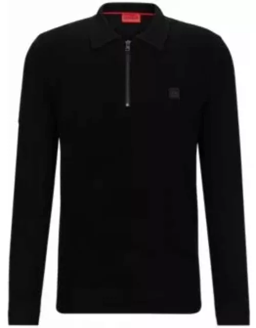 Zip-neck polo sweater with stacked-logo badge- Black Men's Sweater