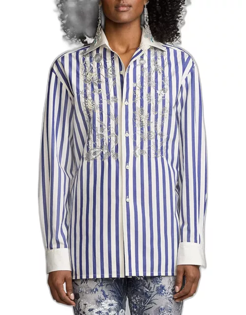 Capri Umbrella Striped Embroidered Button-Front Shirt