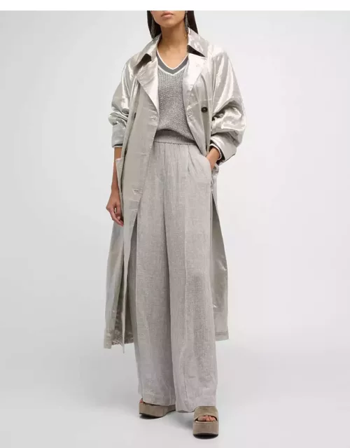 Metallic Linen Double-Breasted Long Trench Coat