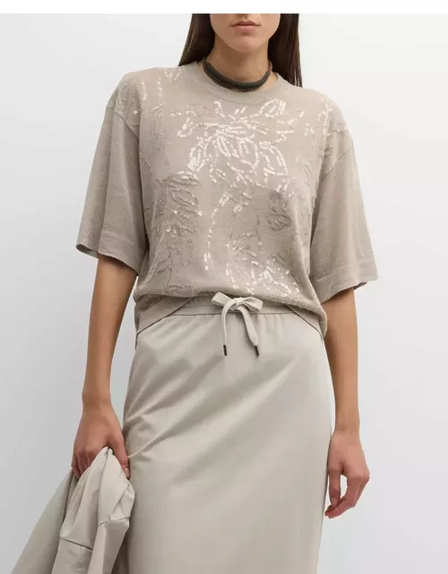 Magnolia Paillette-Embroidered Elbow-Sleeve Linen Sweater