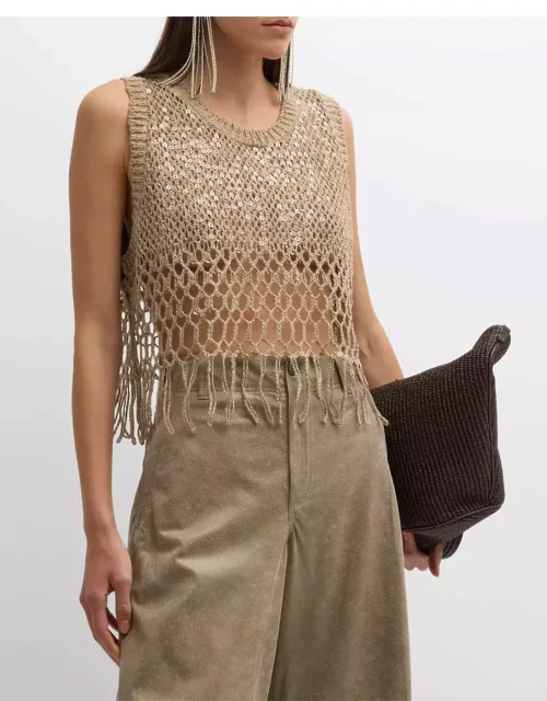 Linen-Silk Degrade Paillette Opera Knit Crop Tank Top With Fringe