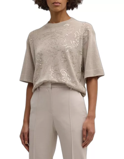 Magnolia Paillette-Embroidered Elbow-Sleeve Linen Sweater