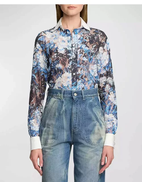 Kelley Botanical Print Lace Long-Sleeve Button-Front Shirt