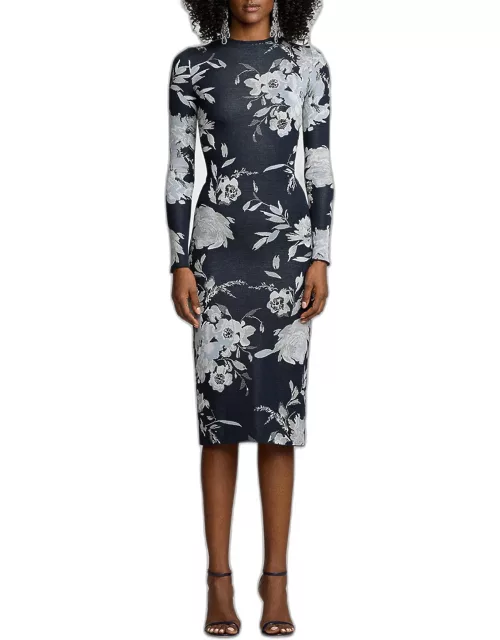 Floral Silk-Blend Jacquard Sweater Day Dress With Detachable Collar & Cuff