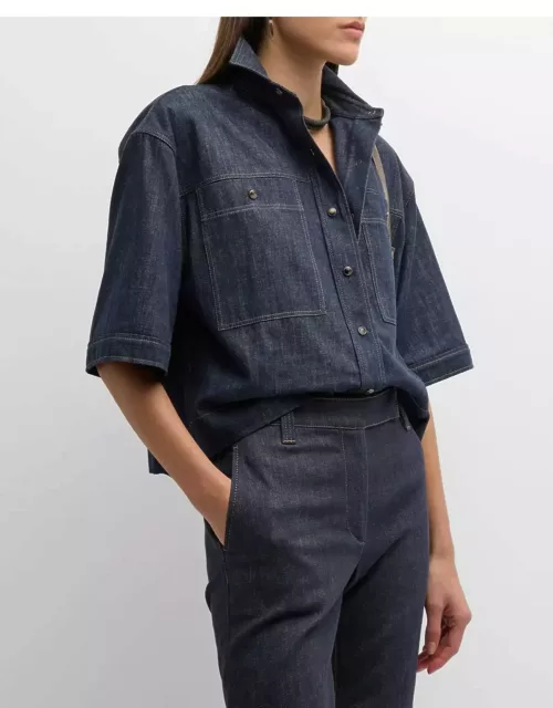 Metallic Denim Monili-Tab Short-Sleeve Snap-Front Collared Shirt